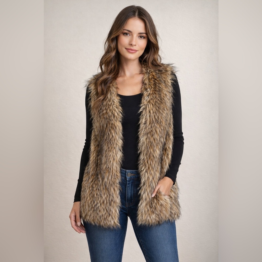 Democracy Faux Fur Vest in Brown Multi